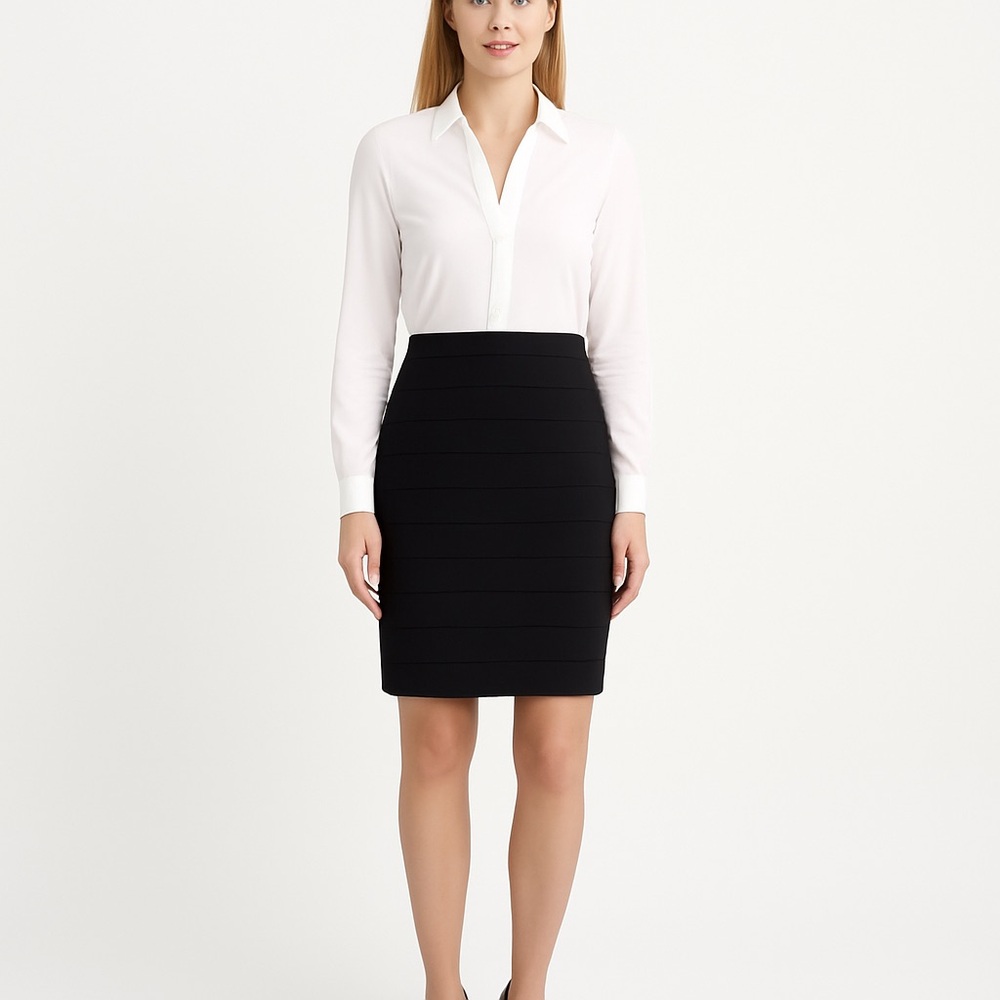 JOSEPH Ribkoff mini skirt pencil black flattering fabric strips elastic waist 12
